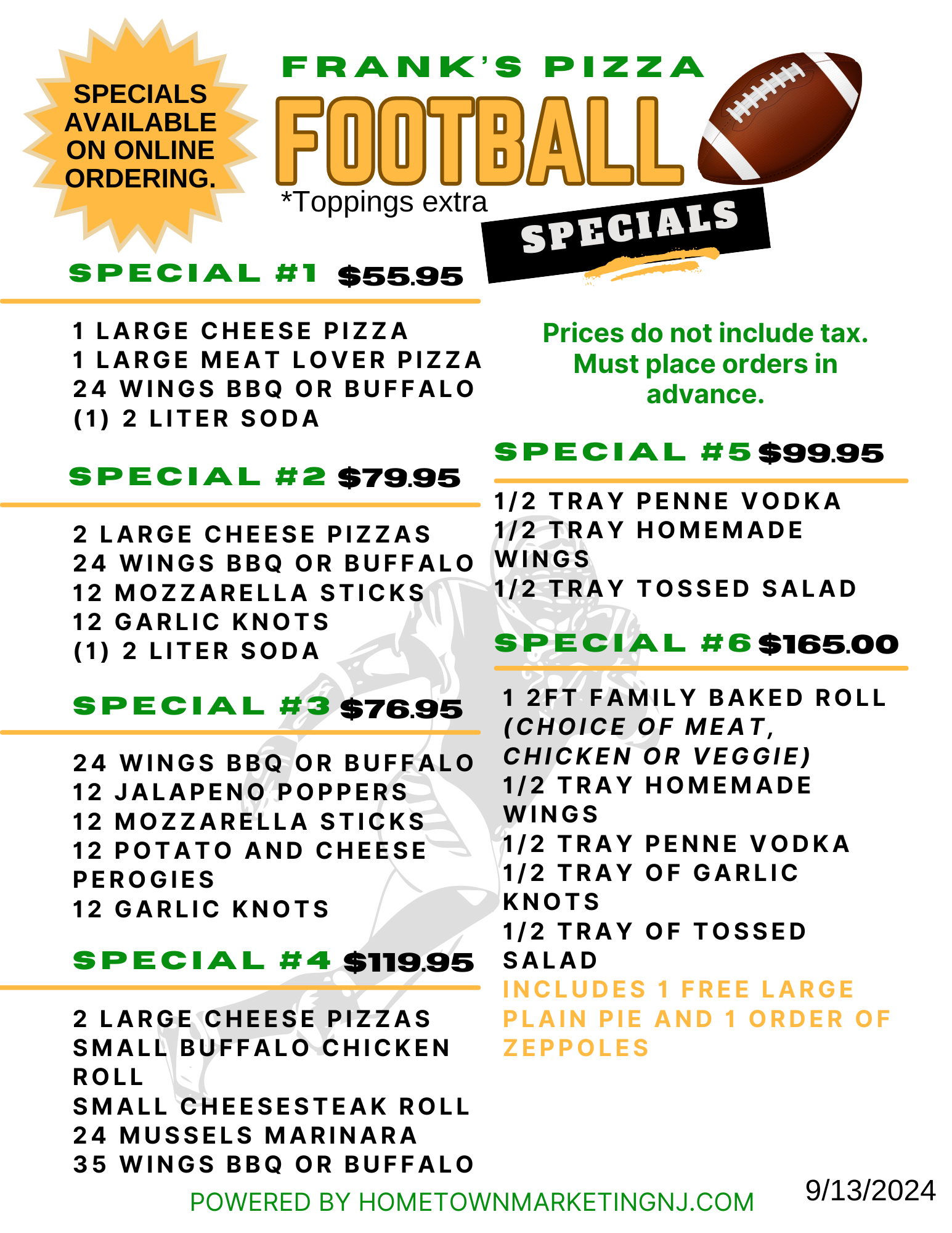 Franks Pizza Mendham Football Specials 9132024