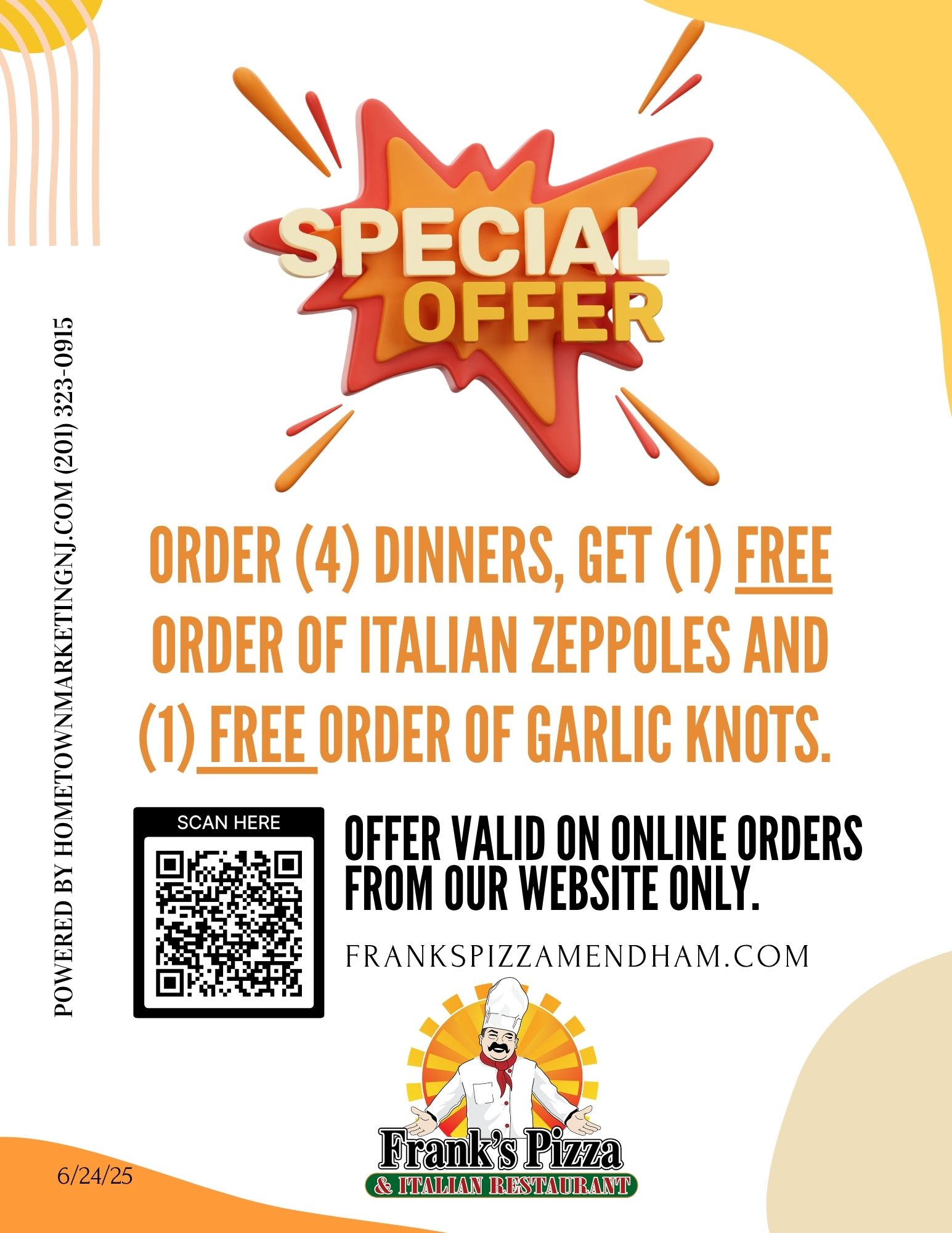 Franks Pizza Mendham dinner zeppole garlic knots offer 2025